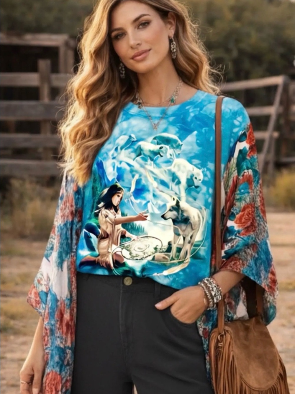 THE MOUNTAIN NATIVE AMERICAN N WOLVES upcycled tunic top os M L XL 1x 2x 3x